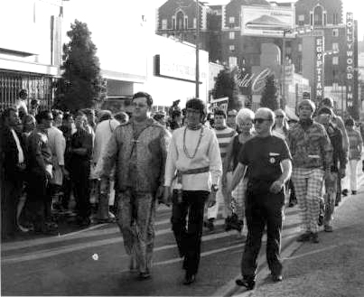 Marchers at Hollywood Boulevard and North Los Palmas Avenue, in the first Christopher Street West Pride parade, Los Angeles, 1970. The photographer, Pat Rocco, an activist and filmmaker, produced gay erotica in the 1960s and films into the 1970s.