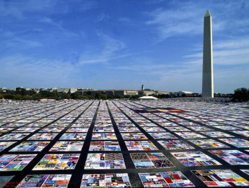 Conceived by San Francisco activist Cleve Jones in 1985, the Names Project AIDS Memorial Quilt covered the National Mall during October 1987’s Second National March on Washington for Lesbian and Gay Rights. Ironically, this view is from the National Institutes of Health, for national research was tragically slow in its response to the pandemic.