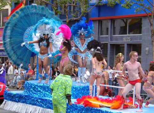 Drag queens on a float at San Francisco Pride, in 2005.