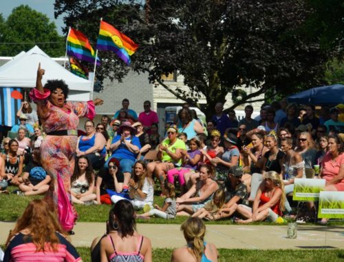 Drag queen Pat Yo Weave performs on the courthouse square in Spencer, Indiana, in 2015.