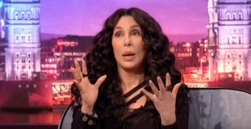 Cher gestures while talking to James Corden. Cher gestures while talking to James Corden.