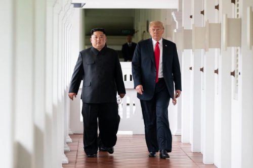 President Trump and North Korean dictator Kim Jong Un walk together during their summit in Singapore. President Trump and North Korean dictator Kim Jong Un walk together during their summit in Singapore.