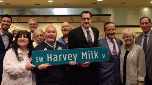 Portland City Council members pose with a sign for SW Harvey Milk St. Portland City Council members pose with a sign for SW Harvey Milk St.