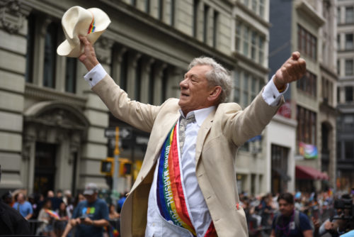 JUNE 28 2015: the 45th annual LGBT Pride parade drew an estimated two million spectators buoyed by the Supreme Court's Obergefell ruling on same sex marriage. Grand marshal Ian McKellen New York pride parade Grand marshal Ian McKellen