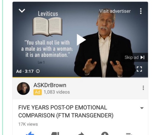 An ad about the Bible showed on a video made by a trans man. youtube-ad