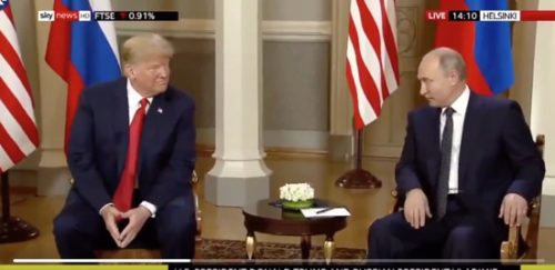 American President Donald Trump winks at Russian President Vladimir Putin during a press conference. American President Donald Trump winks at Russian President Vladimir Putin during a press conference.