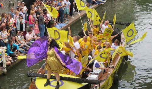 An intersex float at Utrecht Canal Pride on June 16, 2018, waves the intersex flag. intersex-pride
