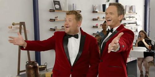James Corden and Neil Patrick Harris deliver singing telegrams. James Corden and Neil Patrick Harris deliver singing telegrams.
