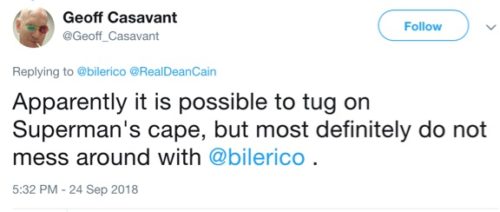 When Dean Cain and LGBTQ Nation editor Bil Browning got into a Twitter feud over Cain's attack on LGBTQ people, followers quickly took sides. Tweet from Geoff Casavant: "Apparently it is possible to tug on Superman's cape, but most definitely do not mess around with @bilerico"