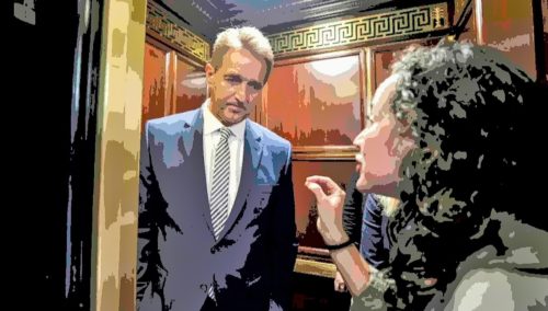 Republican Senator Jeff Flake is confronted in the elevator by a woman telling her story of sexual assault. Flake voted to confirm Brett Kavanaugh to the Supreme Court despite numerous allegations of sexual assault. Republican Senator Jeff Flake is confronted in the elevator by a woman telling her story of sexual assault. Flake voted to confirm Brett Kavanaugh to the Supreme Court despite numerous allegations of sexual assault.