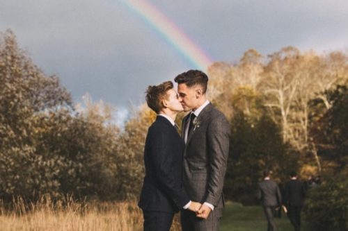 Andrew Keenan-Bolger and Scott Bixby were wed with a giant rainbow overhead. Andrew Keenan-Bolger and Scott Bixby were wed with a giant rainbow overhead.