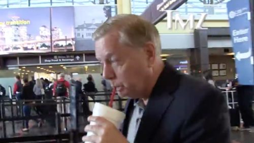 Republican Senator Lindsey Graham denying that he is gay to a reporter in Washington National Airport. Republican Senator Lindsey Graham denying that he is gay to a reporter in Washington National Airport.