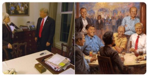 Eagle eyed viewers noticed a truly hideous photo of President Donald Trump hanging out with former Republican presidents in the White House during Leslia Stah's interview. Eagle eyed viewers noticed a truly hideous photo of President Donald Trump hanging out with former Republican presidents in the White House during Leslia Stah's interview.