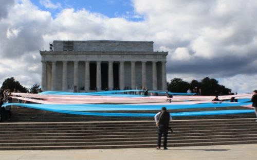 Activists unfurled a 150-foot trans flag on the steps of the Lincoln Memorial to protest the Trump administration's attacks on transgender people. Activists unfurled a 150-foot trans flag on the steps of the Lincoln Memorial to protest the Trump administration's attacks on transgender people.