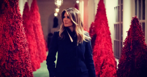 First Lady Melania Trump poses with this year's Christmas decorations. First Lady Melania Trump poses with this year's Christmas decorations.