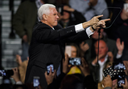 Des Moines Iowa, USA, 8th December, 2016 Vice President Elect Mike Pence at the Victory rally in the Hy-Vee Hall to address the crowd that filled the hall to see him and President Elect Donald Trump Des Moines Iowa, USA, 8th December, 2016 Vice President Elect Mike Pence at the Victory rally in the Hy-Vee Hall to address the crowd that filled the hall to see him and President Elect Donald Trump