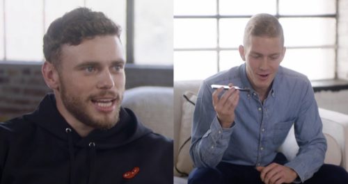 A composite image of Gus Kenworthy and John, who is talking on his phone.