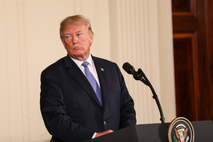 April 27, 2018: US President Donald Trump speaks at a press conference in the East Room of the White House alongside German Chancellor Angela Merkel.