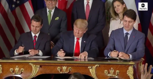 Mexican President Pena Nieto, Canadian Prime Minister Trudeau and American President Trump sign a revised trade pact at the G-20 summit in Argentina. Mexican President Pena Nieto, Canadian Prime Minister Trudeau and American President Trump sign a revised trade pact at the G-20 summit in Argentina.