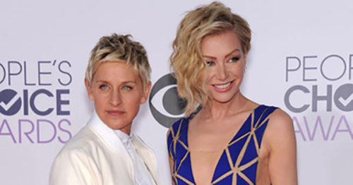 Ellen Degeneres & Portia de Rossi with a CBS background