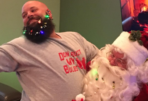 Don't bust his bulbs. He's wearing Beardaments. Don't bust his bulbs. He's wearing Beardaments.