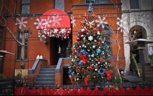 The tree at Floriana A Christmas tree in front of a red brick building.
