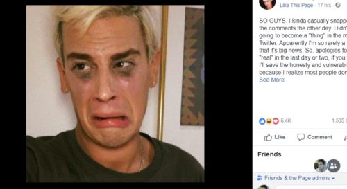 A screenshot of a Facebook status update that has a picture of Milo Yiannopoulos crying.