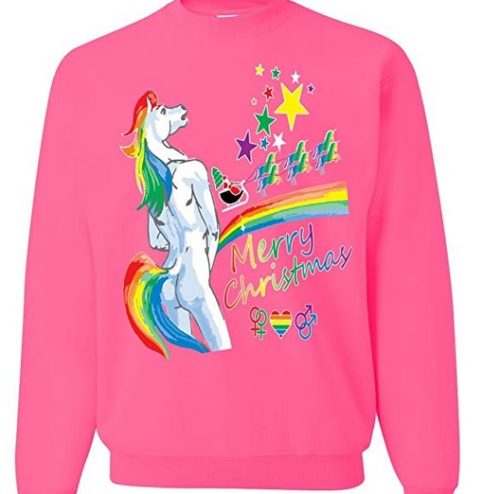 A sweater with a unicorn that's peeing a rainbow standing up, says "Merry Christmas."