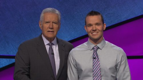 Jeopardy host Alex Trebek and contestant John Presloid Jeopardy host Alex Trebek and contestant John Presloid
