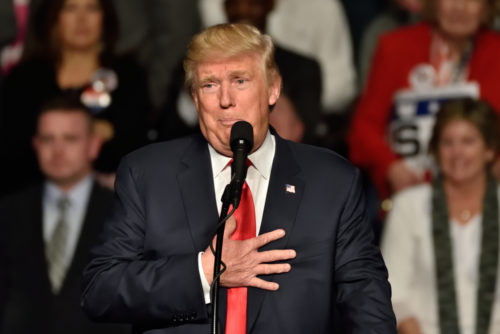 HERSHEY, PA - DECEMBER 15, 2016: President-Elect Donald Trump speaks of his relief to have won the state of Texas on Election night during his speech at the "Thank You Tour" rally at the Giant Center. HERSHEY, PA - DECEMBER 15, 2016: President-Elect Donald Trump speaks of his relief to have won the state of Texas on Election night during his speech at the "Thank You Tour" rally at the Giant Center.