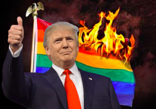 Donald Trump in front of a burning rainbow flag