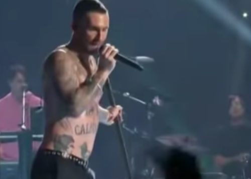 Adam Levine at the Halftime Show, shirtless