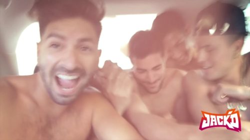 Shirtless men in a car with the logo for Jack'd