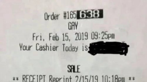 The receipt that says "GAY"