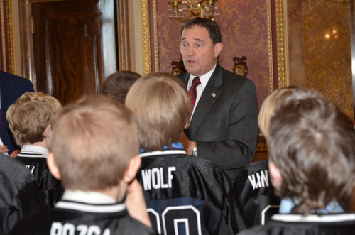 Utah Governor Gary Herbert speaks to the Pee Wee Alto White Champion football team in March 2013. Utah Governor Gary Herbert speaks to the Pee Wee Alto White Champion football team in March 2013.