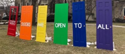 Affirming rainbow doors outside the North United Methodist Church in Indianapolis.