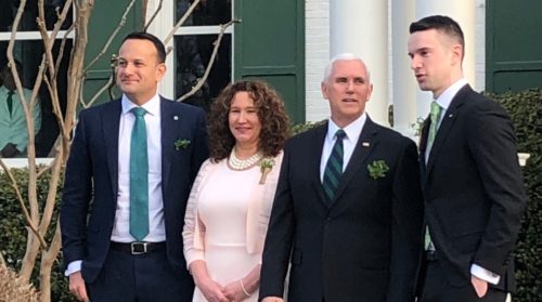 Prime Minister Leo Varadkar (left), his partner Matthew Barrett (right), and Mike Pence and his sister Anne (center) Varadkar, Pence, and others gathered outside the Naval Observatory