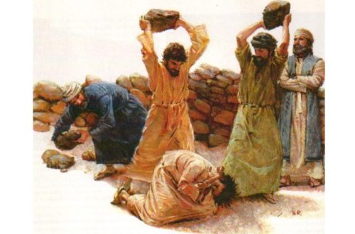A stoning scene from a church in Quebec. Stoning scene