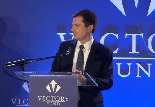 Pete Buttigieg speaking at the Victory Fund