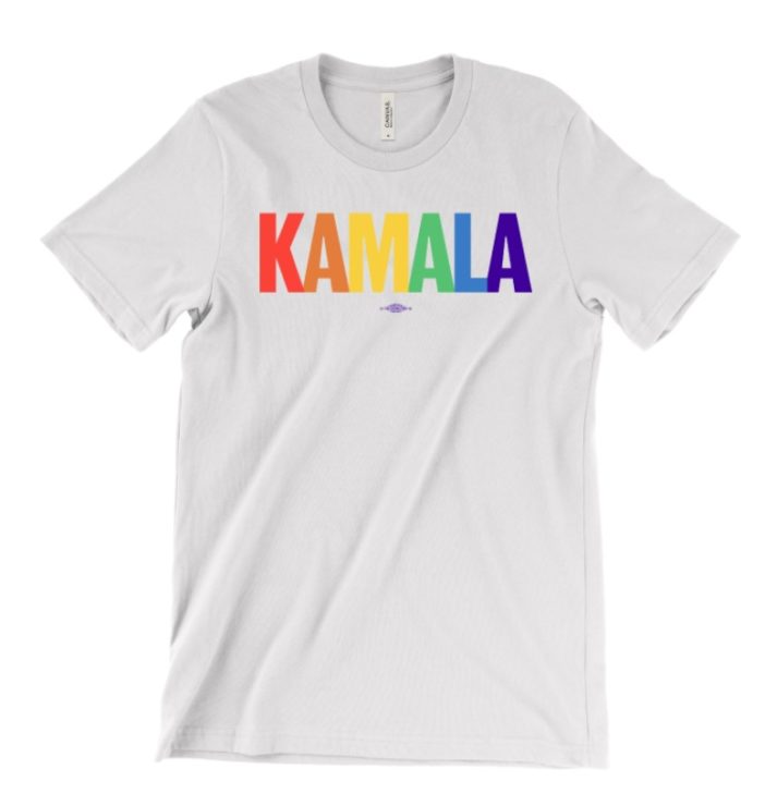 A T-shirt with "KAMALA" in rainbow colors