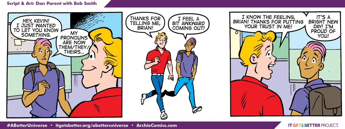 Brian reveals that they now use gender-neutral pronouns and admits that coming out feels awkward, only to get support from their pal in this special National Coming Out Day strip from Archie comic 