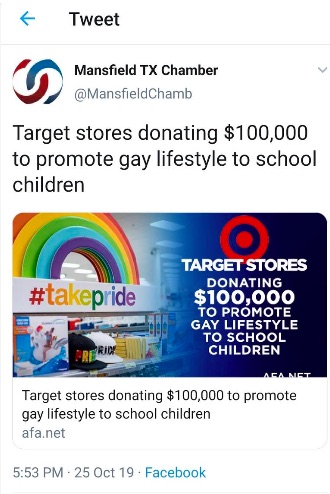 This tweet from the Mansfield Chamber of Commerce shares an American Family Association link asking people to boycott Target over its support of LGBTQ students.