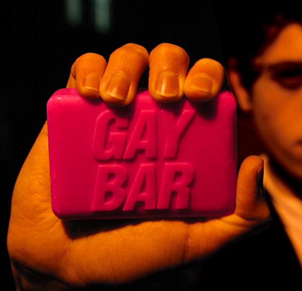 This pink bar of soap literally says "Gay Bar" on it.