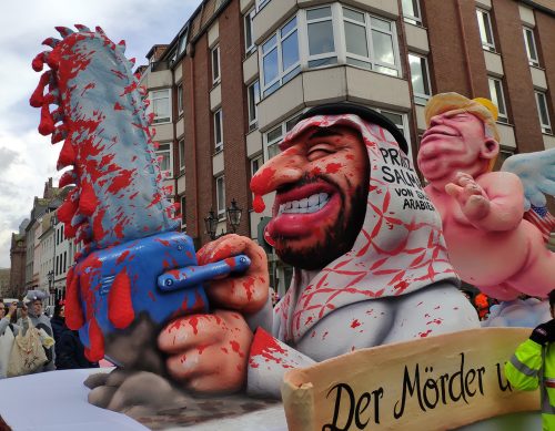 Düsseldorf, Germany, March 3 2019, carnival parade, float showing prince salman and naked Donald Trump