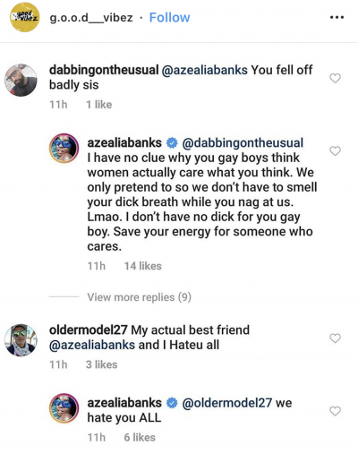 Screenshot of Azealia Banks responding to fans on Instagram.