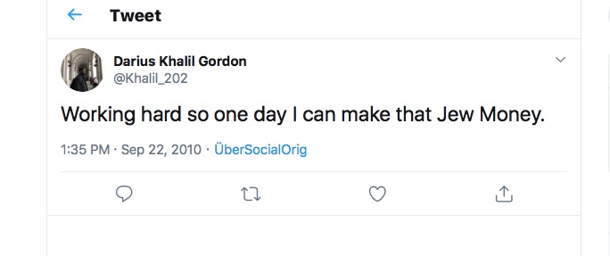 A homophobic or misogynist tweet from Darius Khalil Gordon.