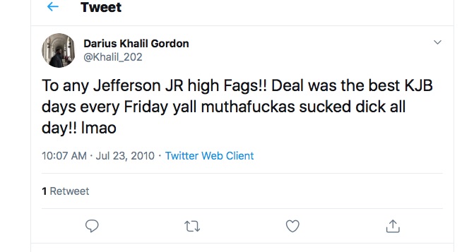 A homophobic or misogynist tweet from Darius Khalil Gordon.