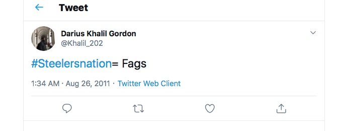 A homophobic or misogynist tweet from Darius Khalil Gordon.