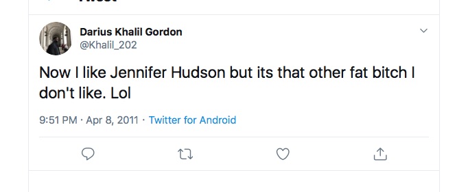 A homophobic or misogynist tweet from Darius Khalil Gordon.