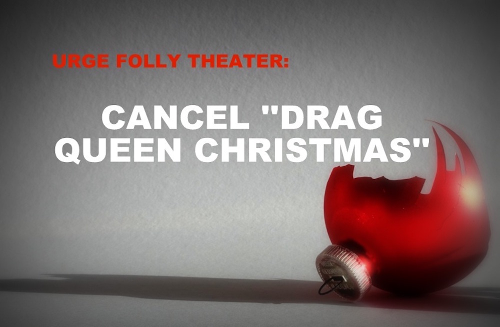 An image from the American Society for the Defense of Tradition, Family and Property's petition against the holiday-themed drag performance.